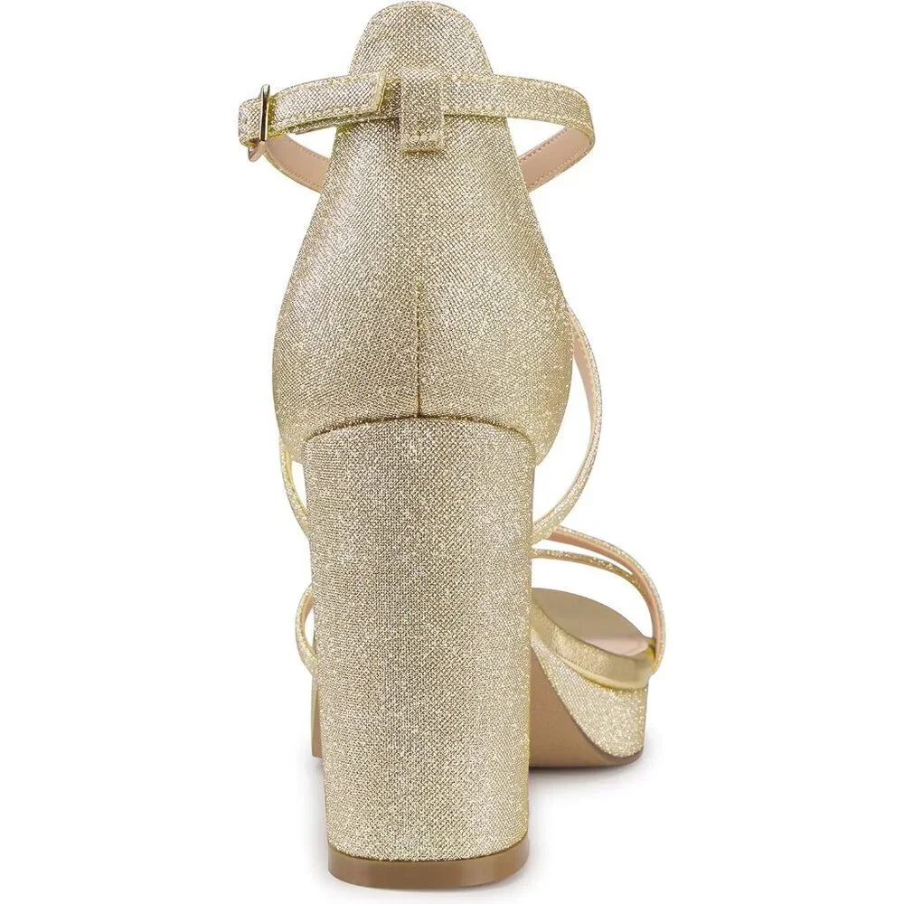 Womens Glitter-Gold Sandal Stylish Comfortable Chunky Blocked Strappy Heel Shoes